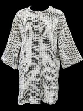 Eileen Fisher Dash Organic Cotton Basketweave Round Neck Jacket Ecru Black S 46"